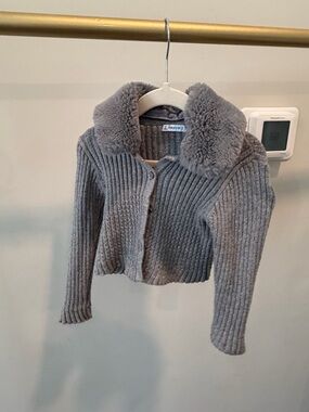 Mayoral Grey Ribbed Knit Jacket with Faux Fur Trim